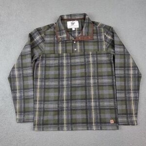 John Wayne Pullover Mens Small Green Gray Plaid Fleece Snap Button